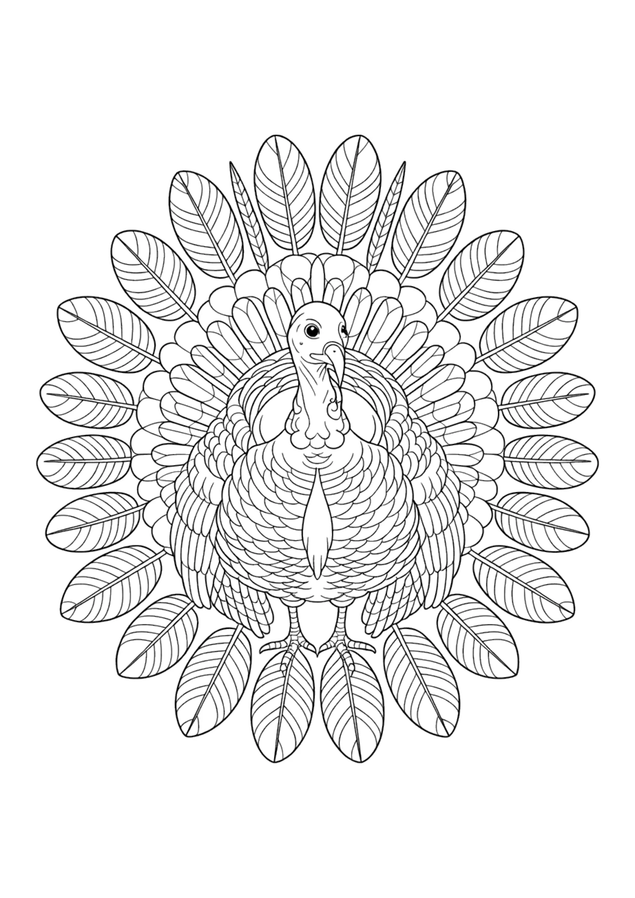 Truthahn-Mandala-Ausmalbild für Erwachsene mit Feder- und Blattmustern