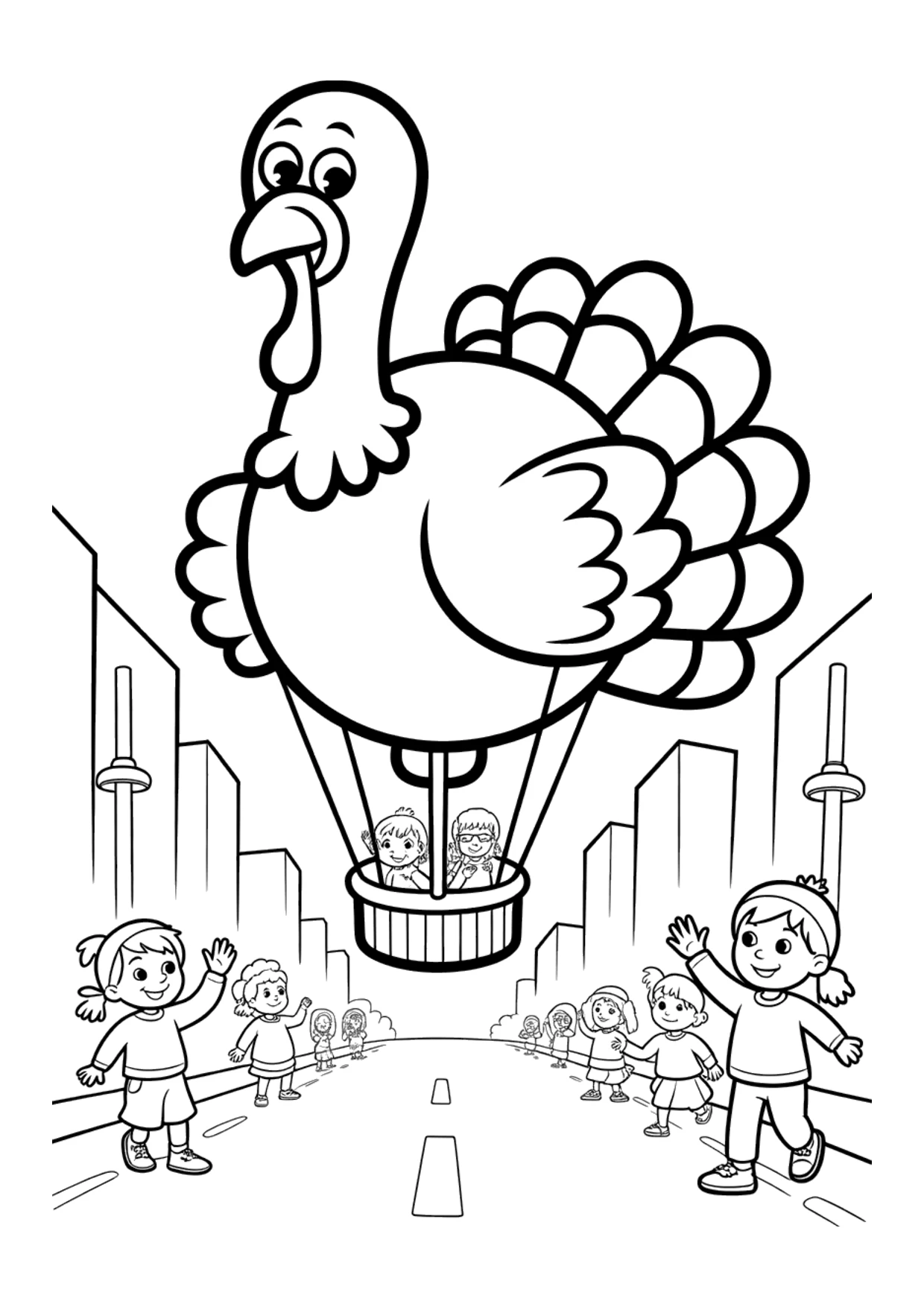 Ausmalbild für Kinder: Truthahn-Ballon schwebt über einer Festtagsparade, Kinder winken