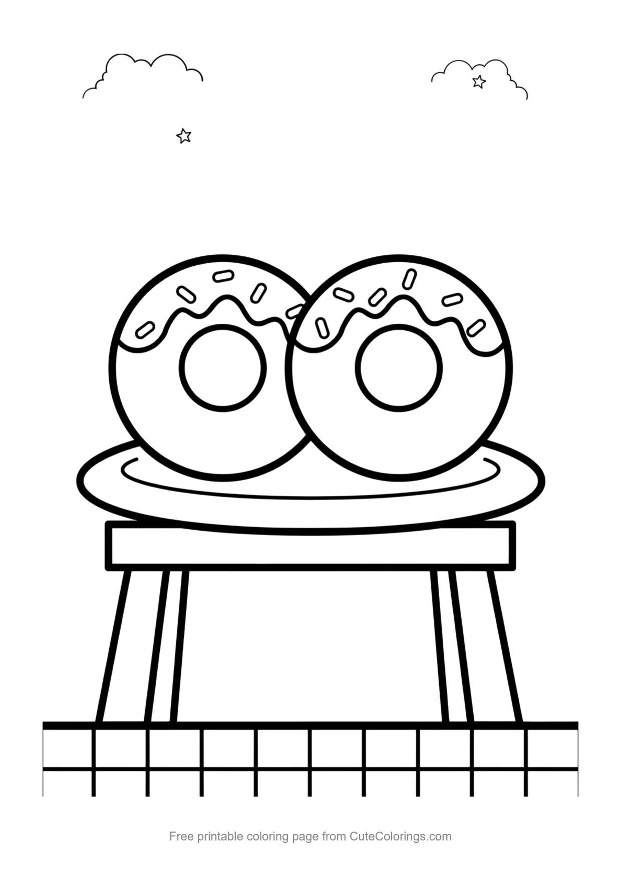 Easy coloring page of two sprinkle donuts on a plate on a small table