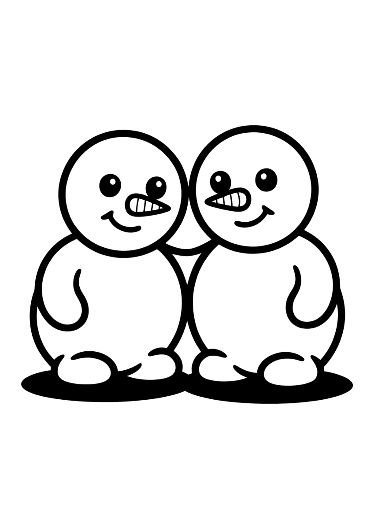 Einfaches Ausmalbild: zwei süße Schneemann-Freunde halten Händchen