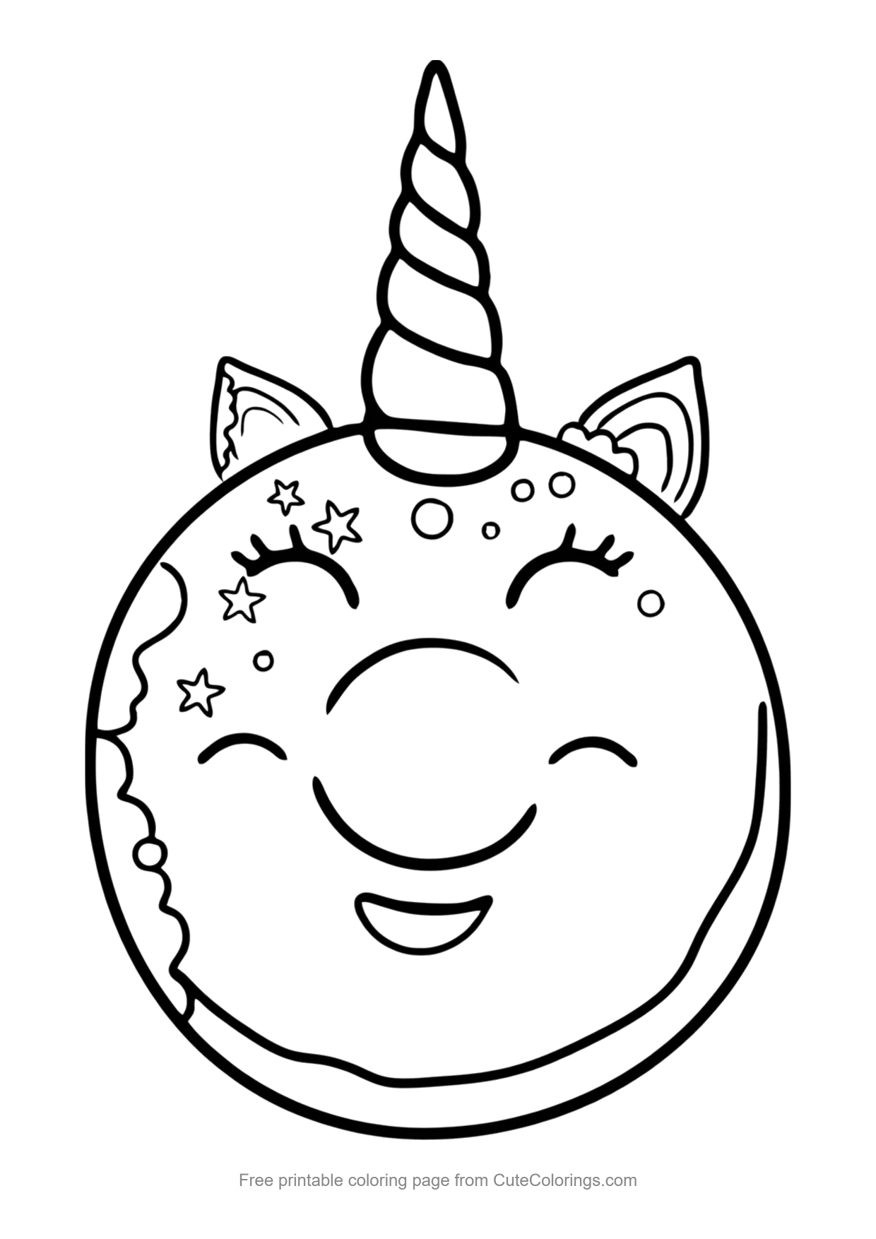 Easy coloring page of a cute unicorn donut with a horn, ears and sprinkles