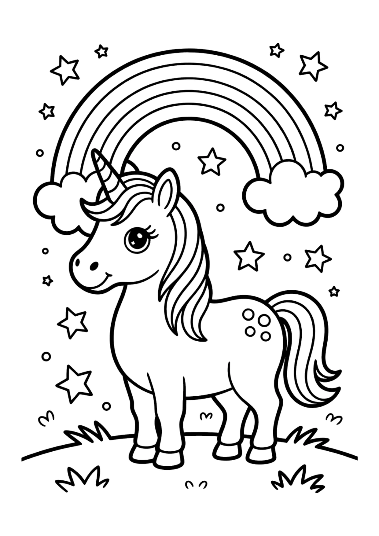 Dibujo de un unicornio bajo un arcoíris para colorear