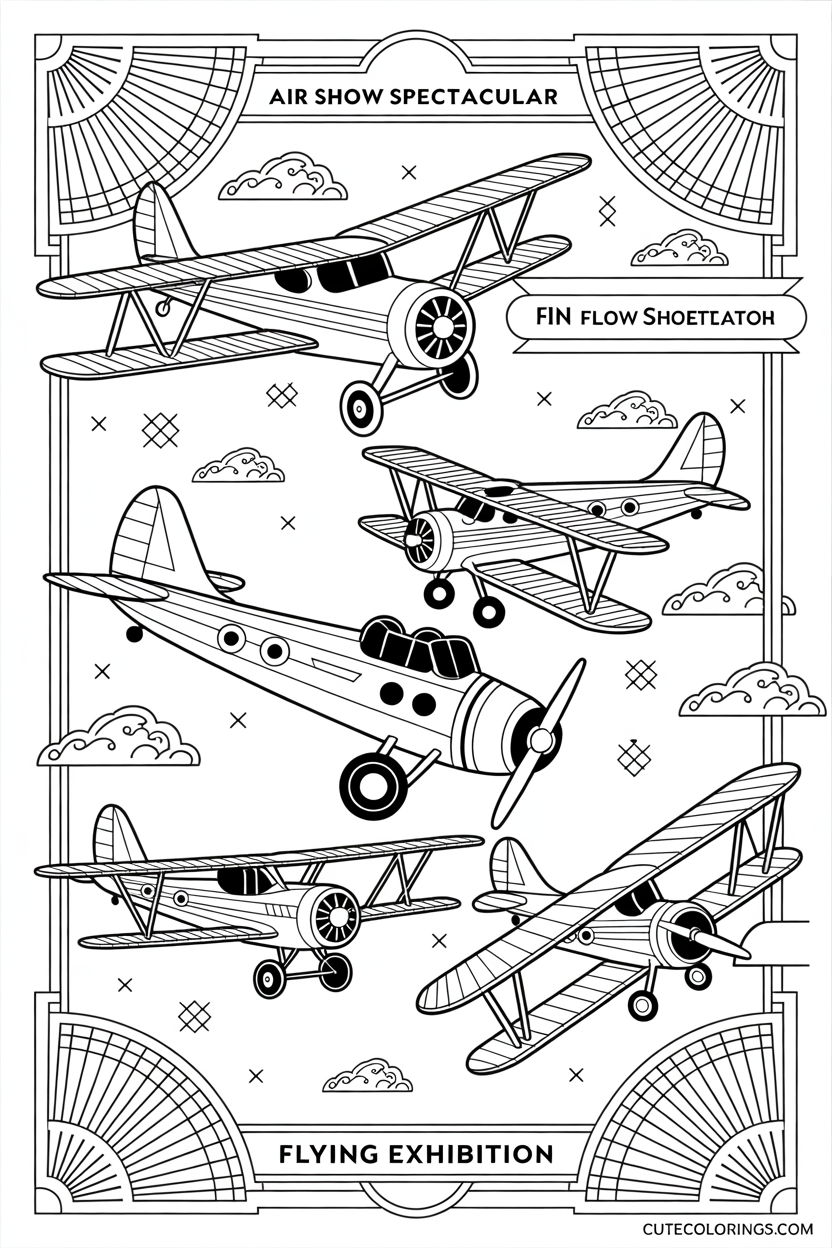 1920s art deco air show with multiple vintage planes