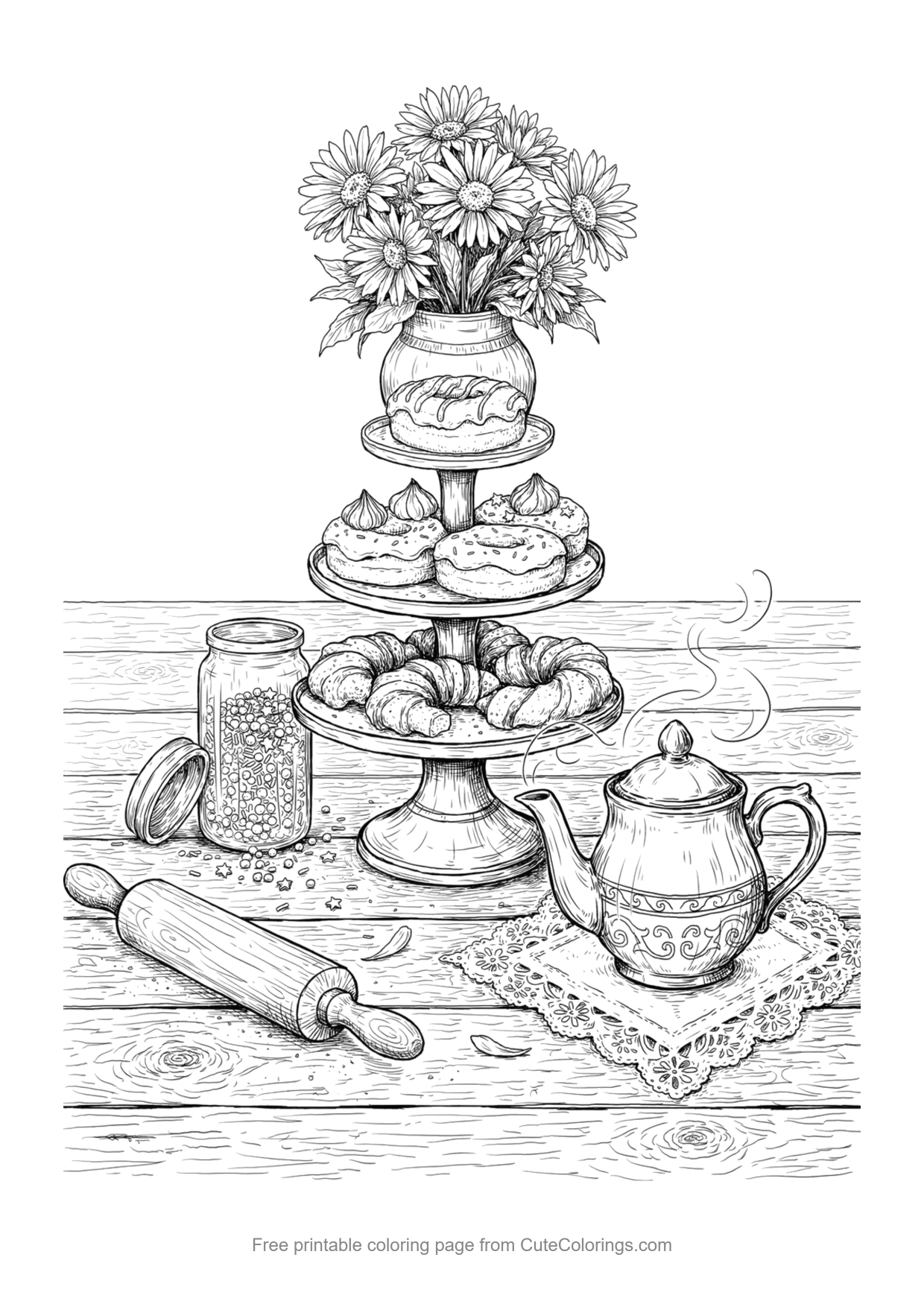 Detailed coloring page of a vintage bakery still life with donuts on a cake stand