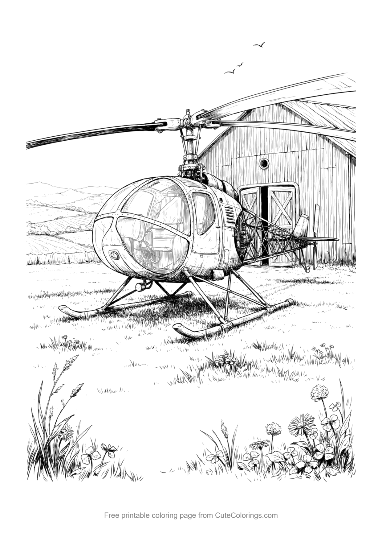 Detailed coloring page of a vintage bubble canopy helicopter parked by an old hangar