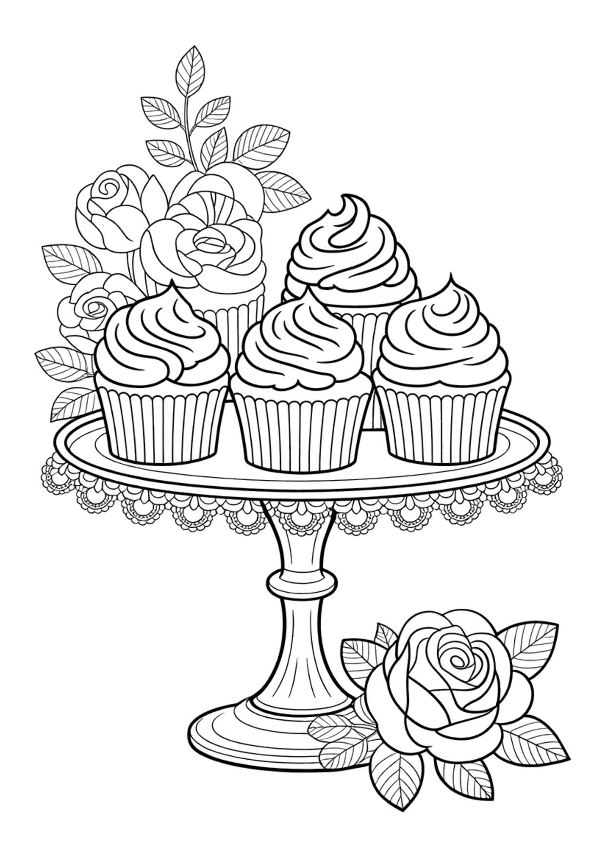 Detailed coloring page for adults of ornate cupcakes on a vintage cake stand with roses