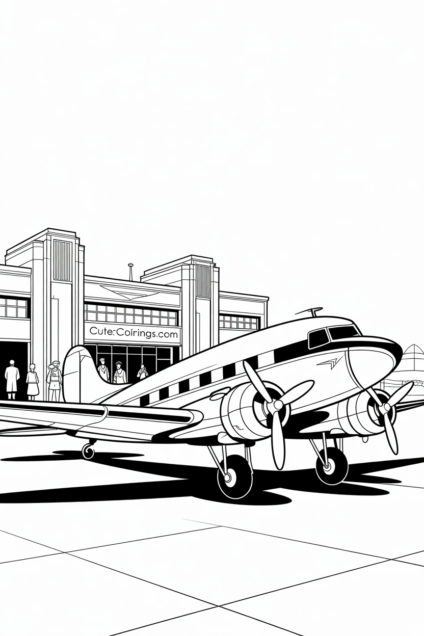 Classic 1940s airplane at art deco terminal scene