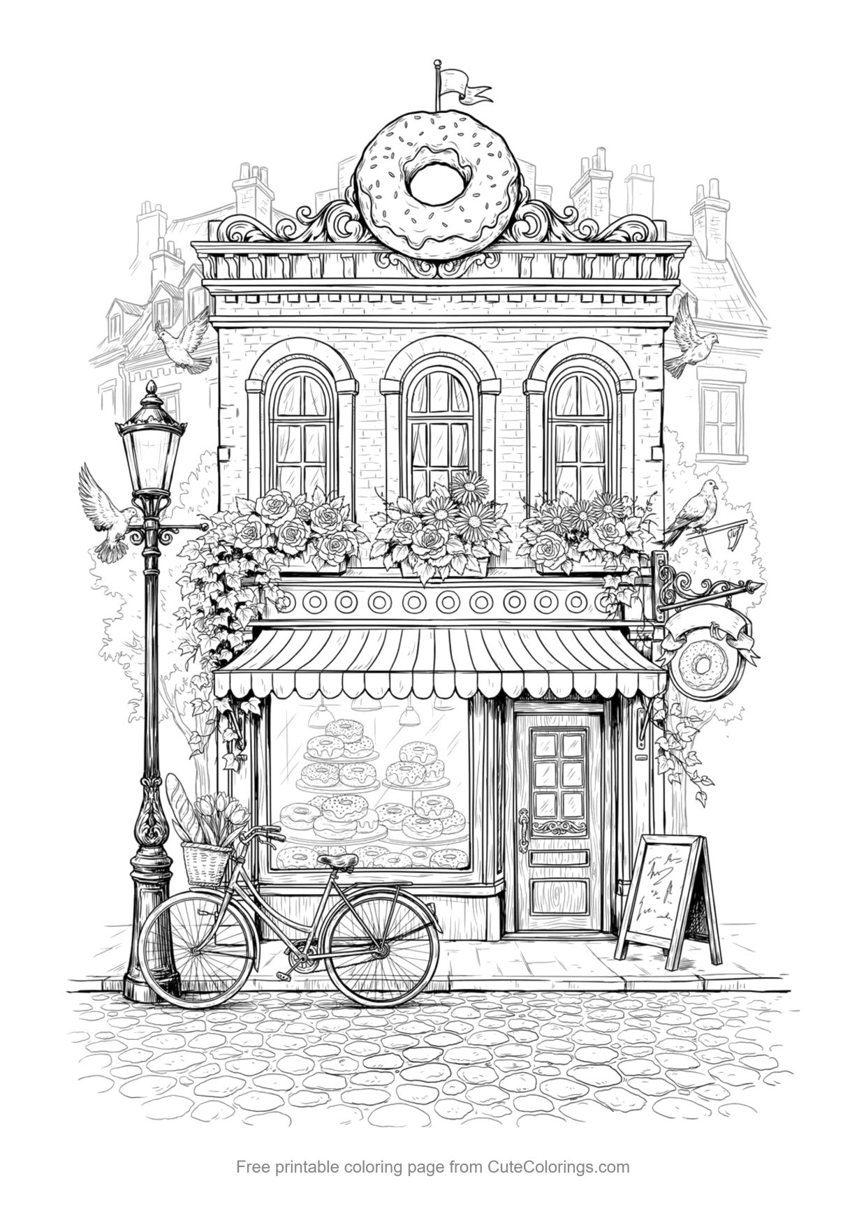 Detailed coloring page of a vintage donut shop storefront with a bicycle and flowers