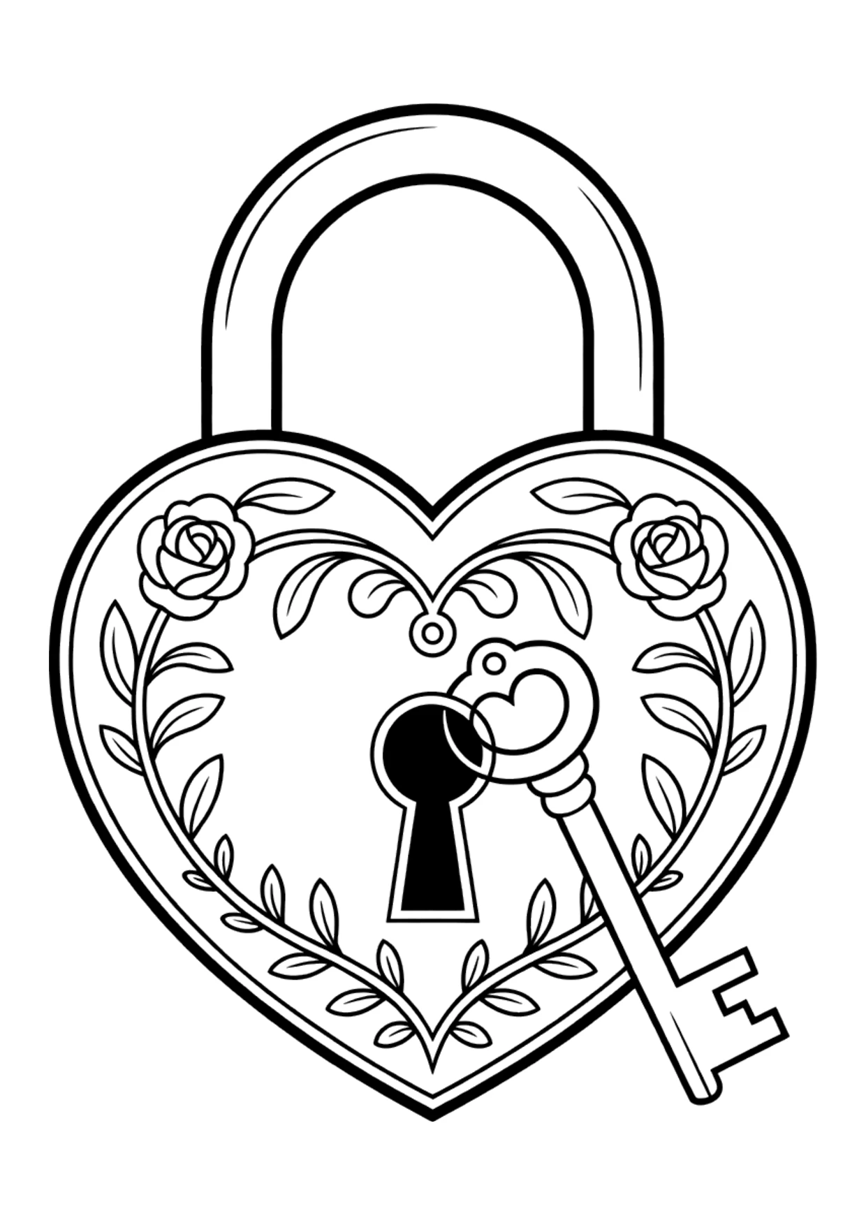 Coloriage détaillé d’un cœur cadenas et sa clé vintage