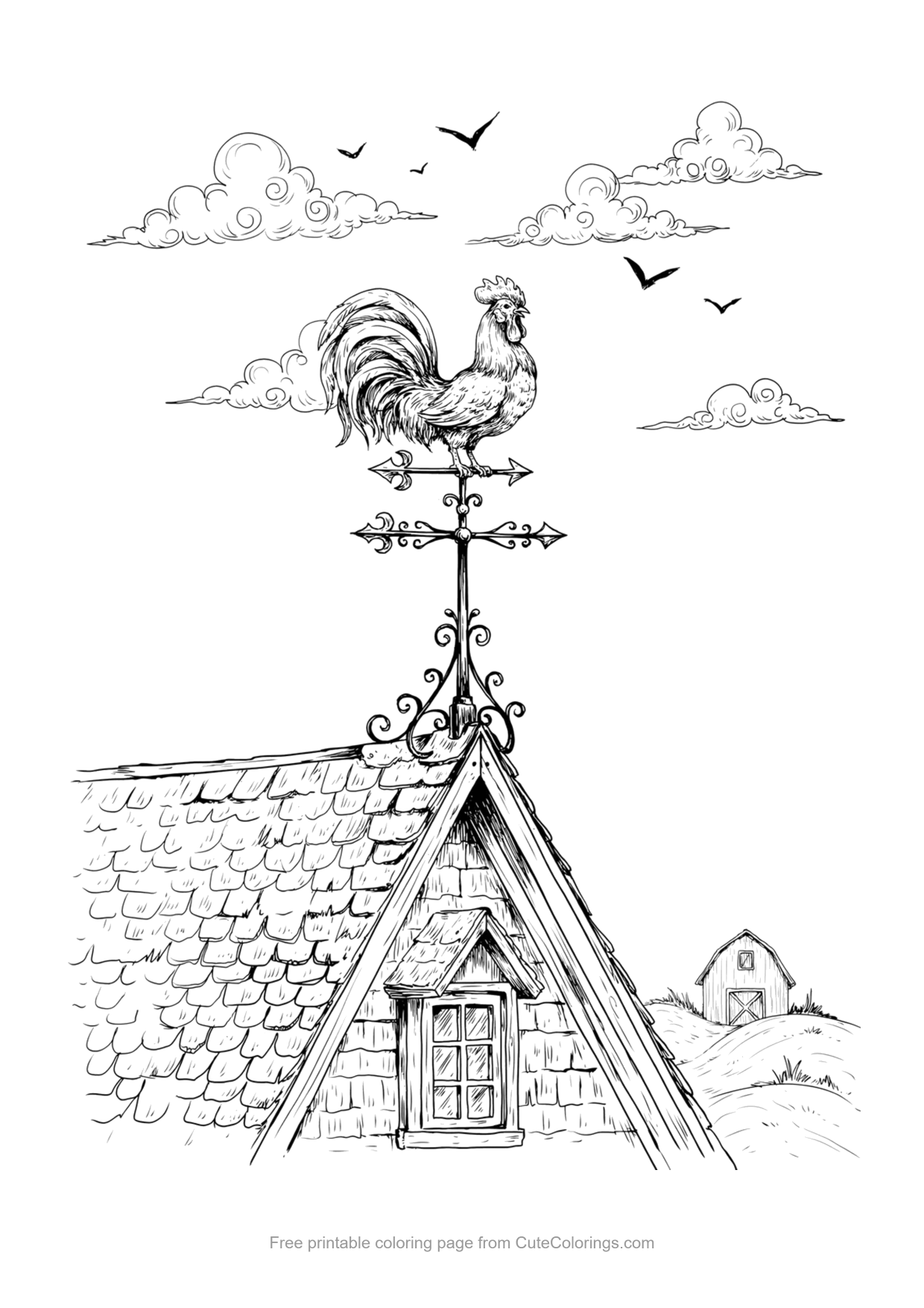 Detailed coloring page of a vintage rooster weathervane on an old farmhouse roof