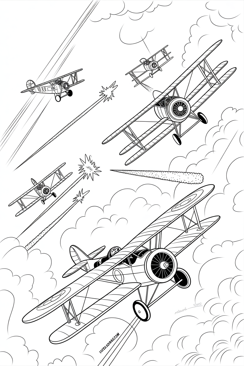 Vintage biplanes in aerial combat with smoke trail