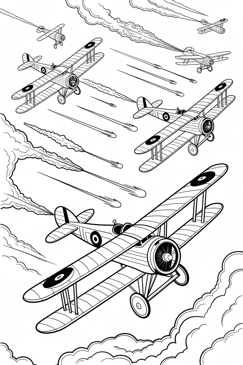 Multiple vintage biplanes flying with tracer bullets