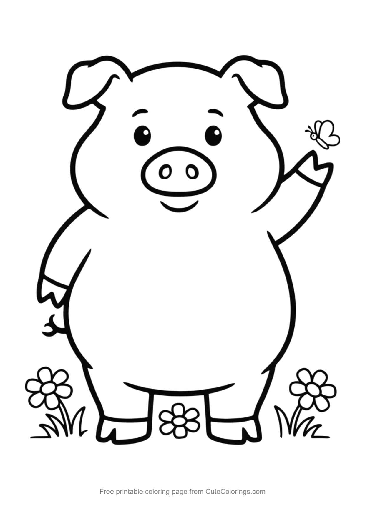 Simple coloring page of a happy cartoon pig waving hello