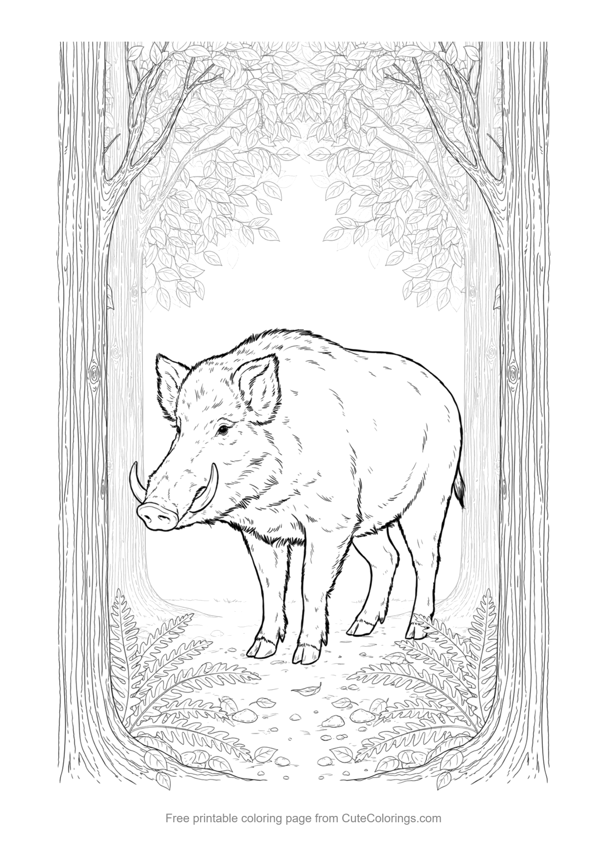 Detailed coloring page of a wild boar in a forest