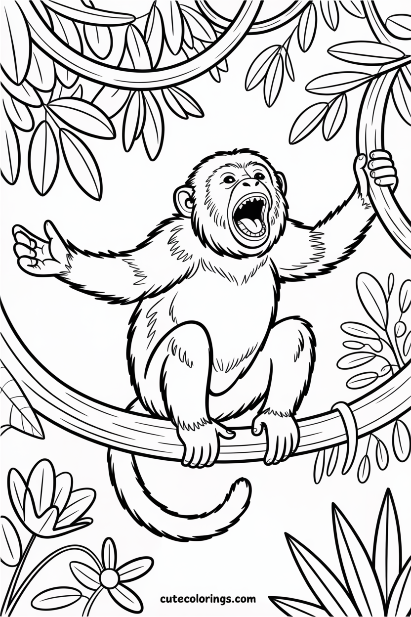 A fierce monkey roars while sitting on a branch