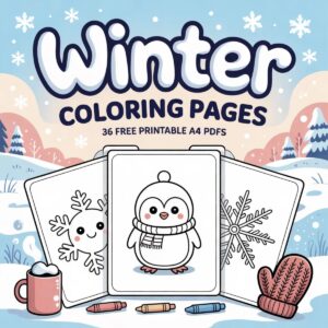 Winter coloring pages: 36 free printable A4 PDFs with a smiling snowflake, a penguin in a scarf and a snowflake mandala