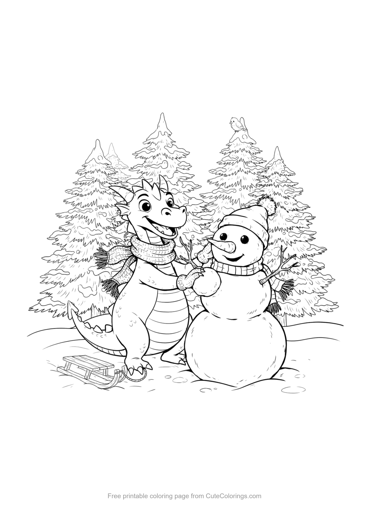 Coloring page of a dragon in a scarf building a snowman among pine trees