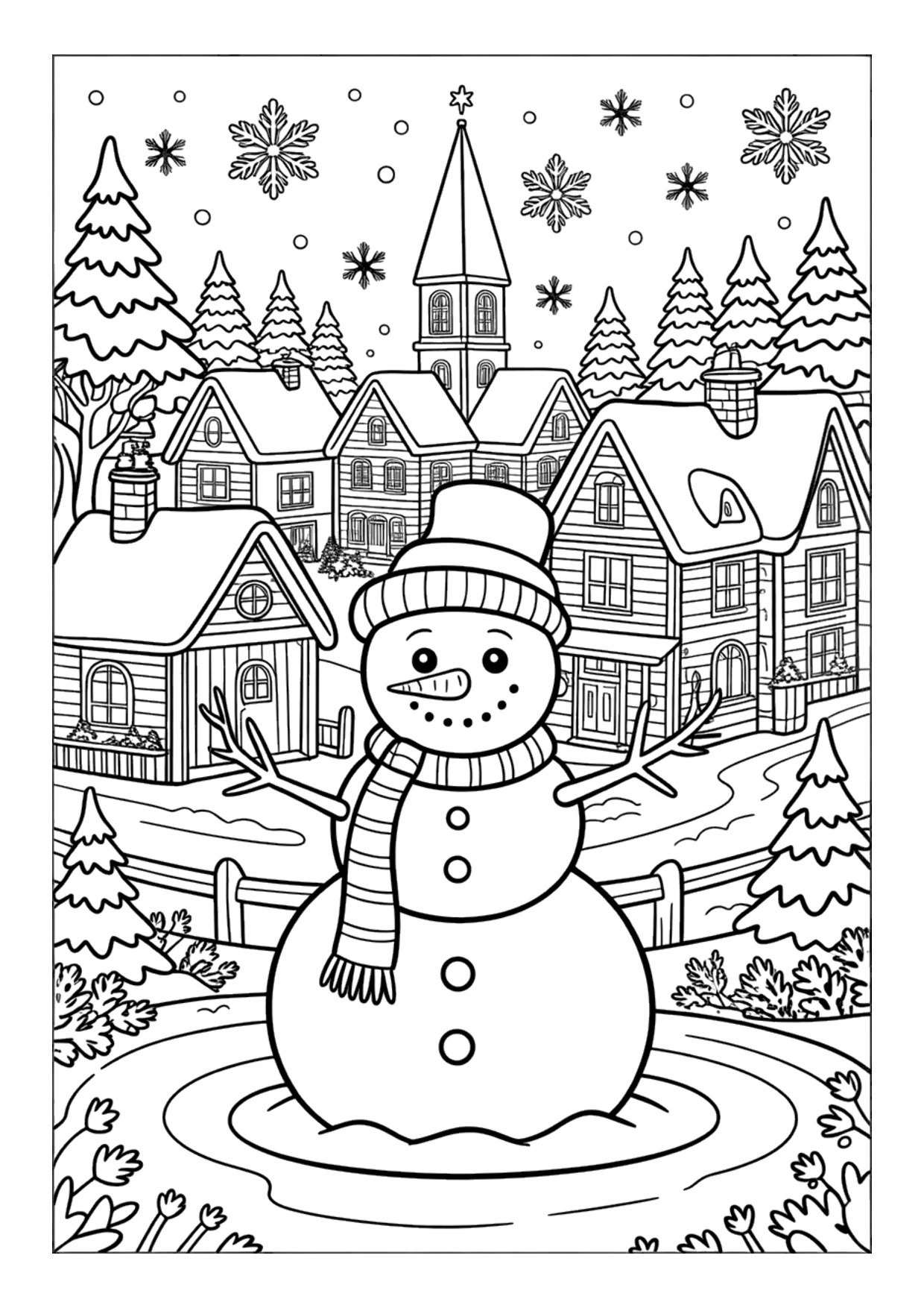 Detailliertes Ausmalbild: Schneemann in einem verschneiten Winterdorf
