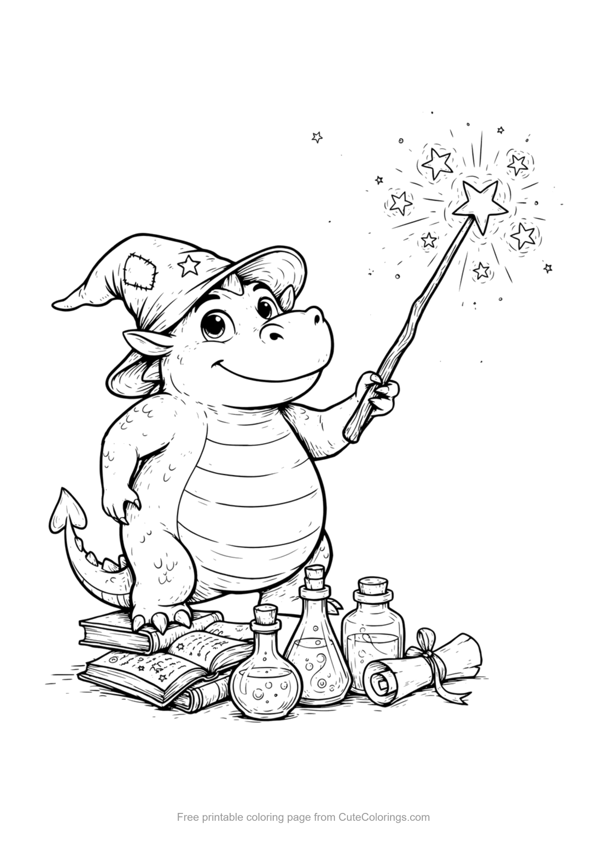Coloring page of a dragon in a wizard hat casting magic stars beside spell books and potions