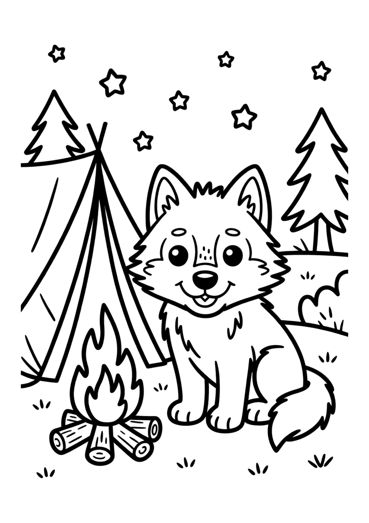 Desenho para crianças de um lobo em uma viagem de acampamento para colorir