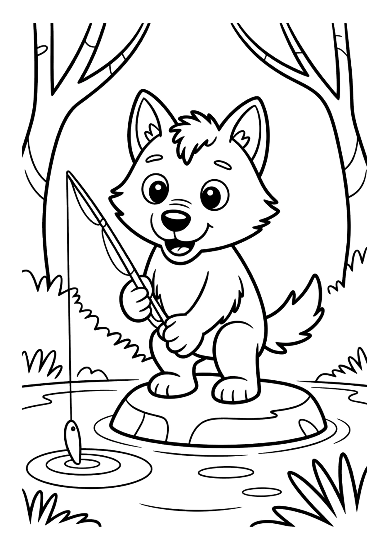 Desenho para crianças de um lobo pescando em um riacho para colorir