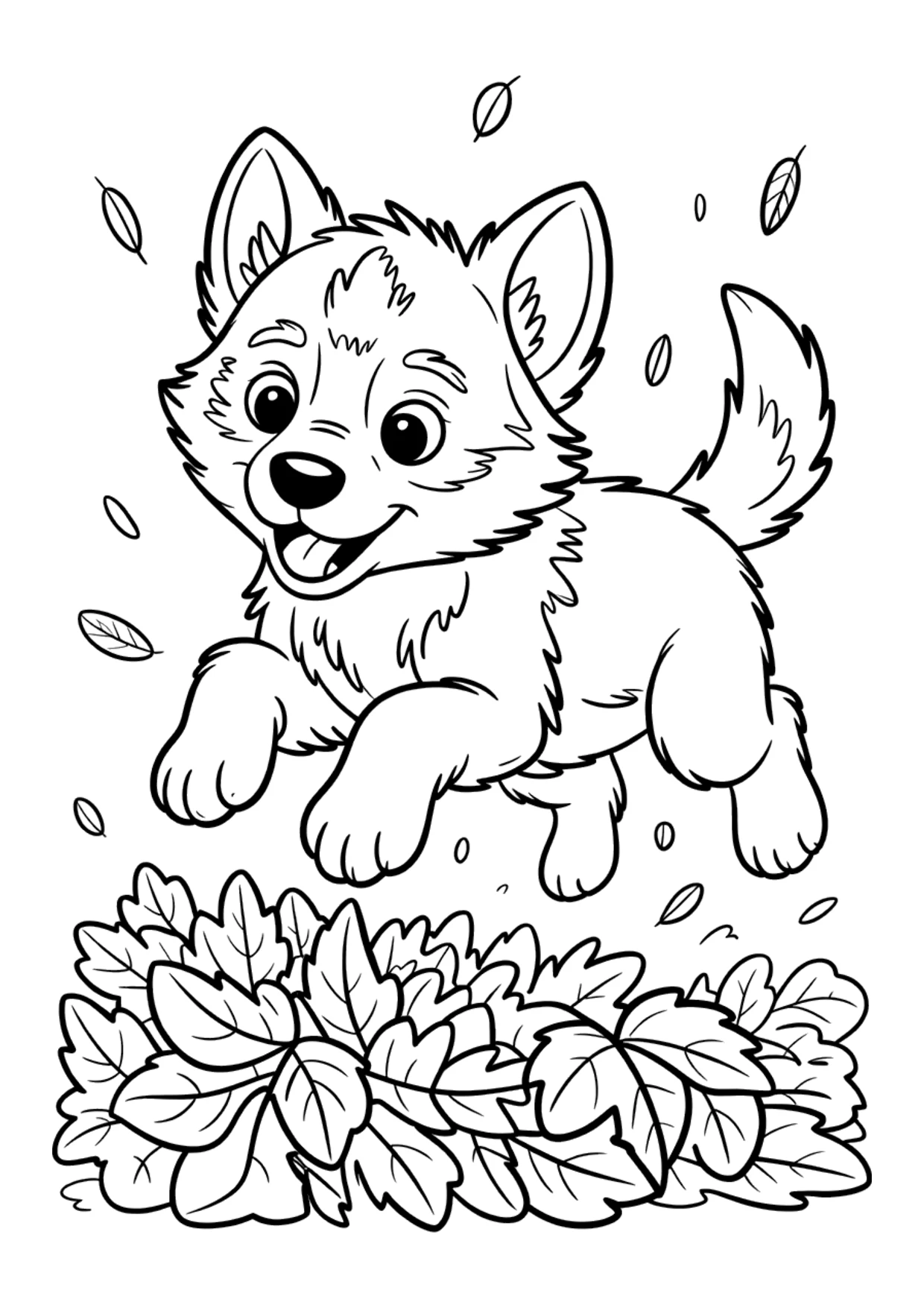 Desenho para crianças de um filhote de lobo nas folhas de outono para colorir