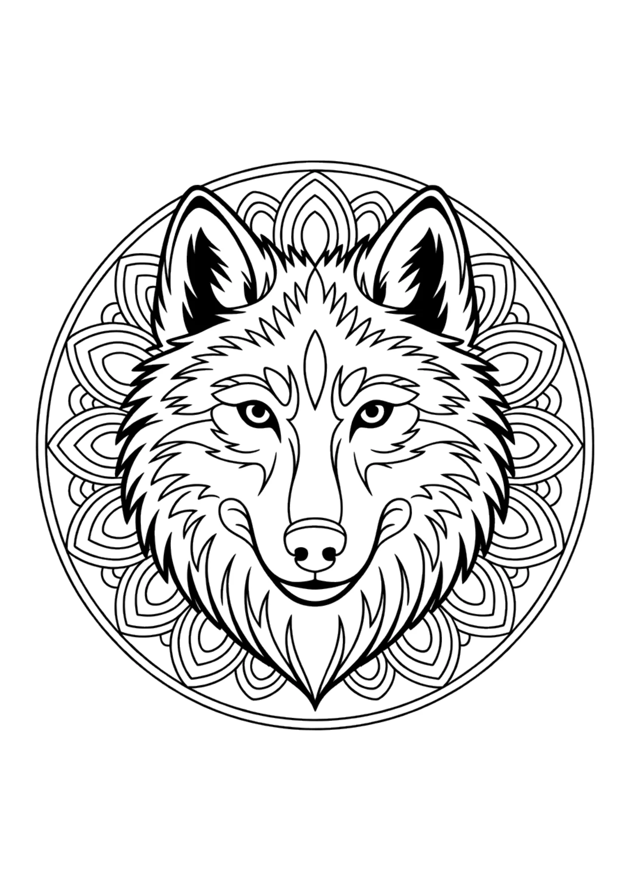 Desenho detalhado de mandala com um lobo para colorir