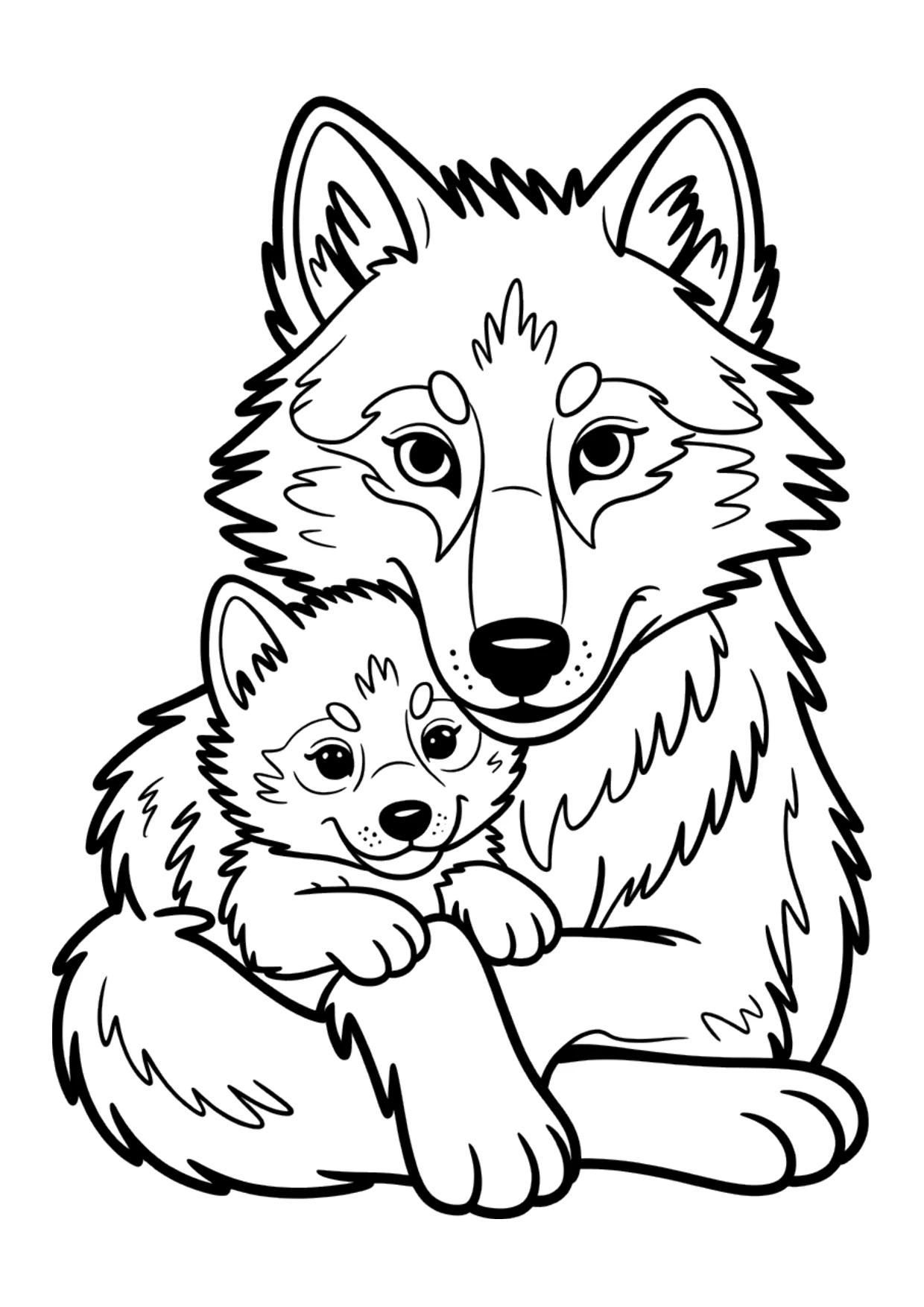 Desenho fácil de uma loba com seu filhote para colorir
