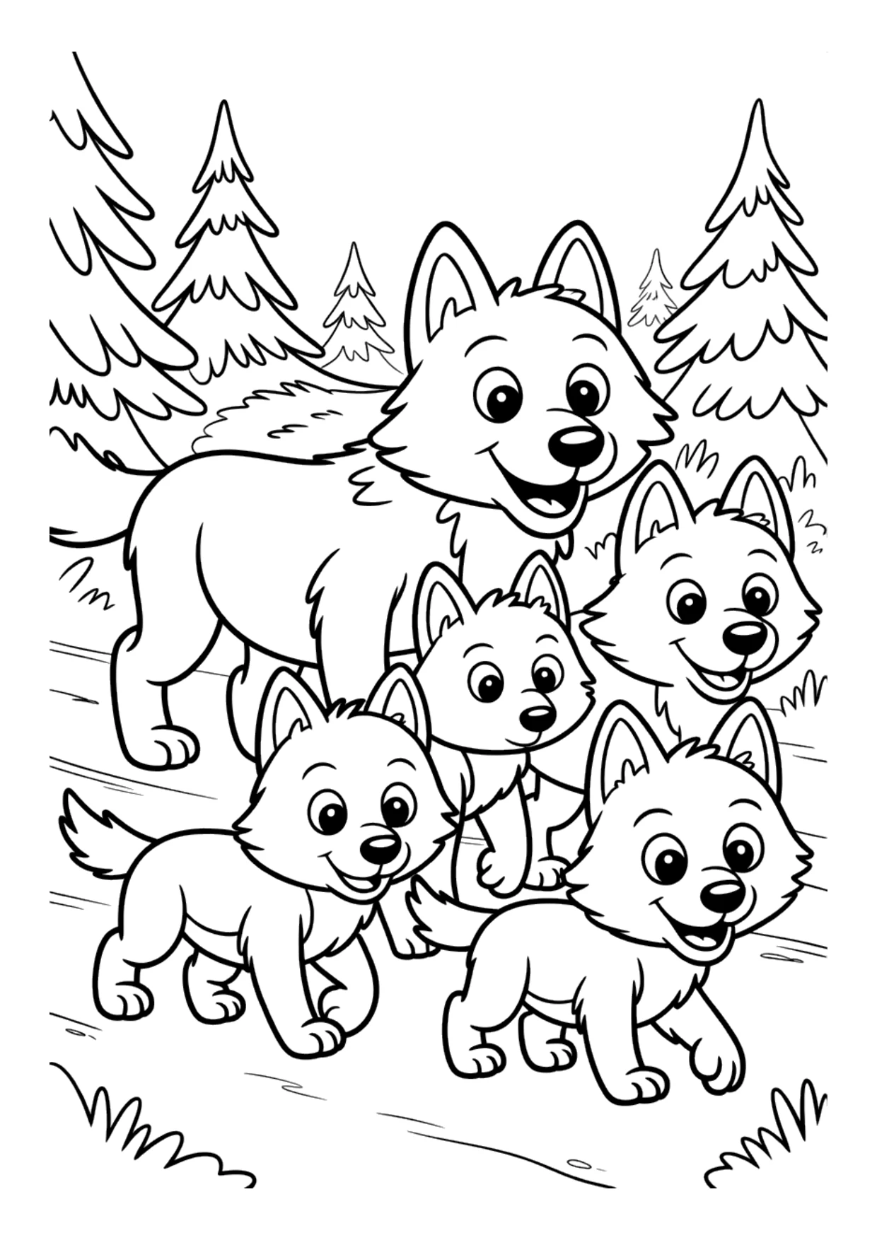 Desenho para crianças de uma alcateia de lobos na floresta para colorir