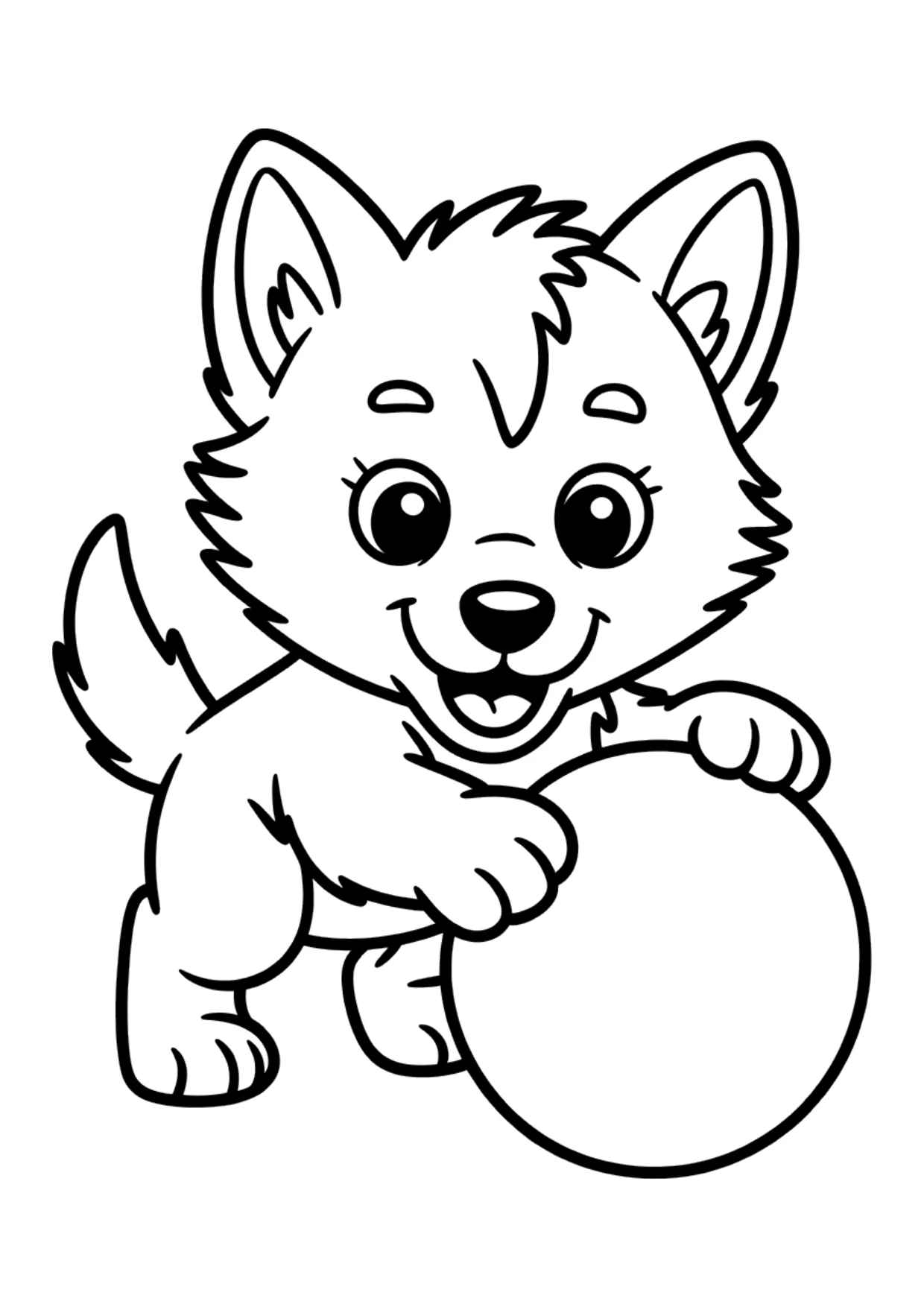 Desenho fácil de um filhote de lobo brincando com uma bola para colorir