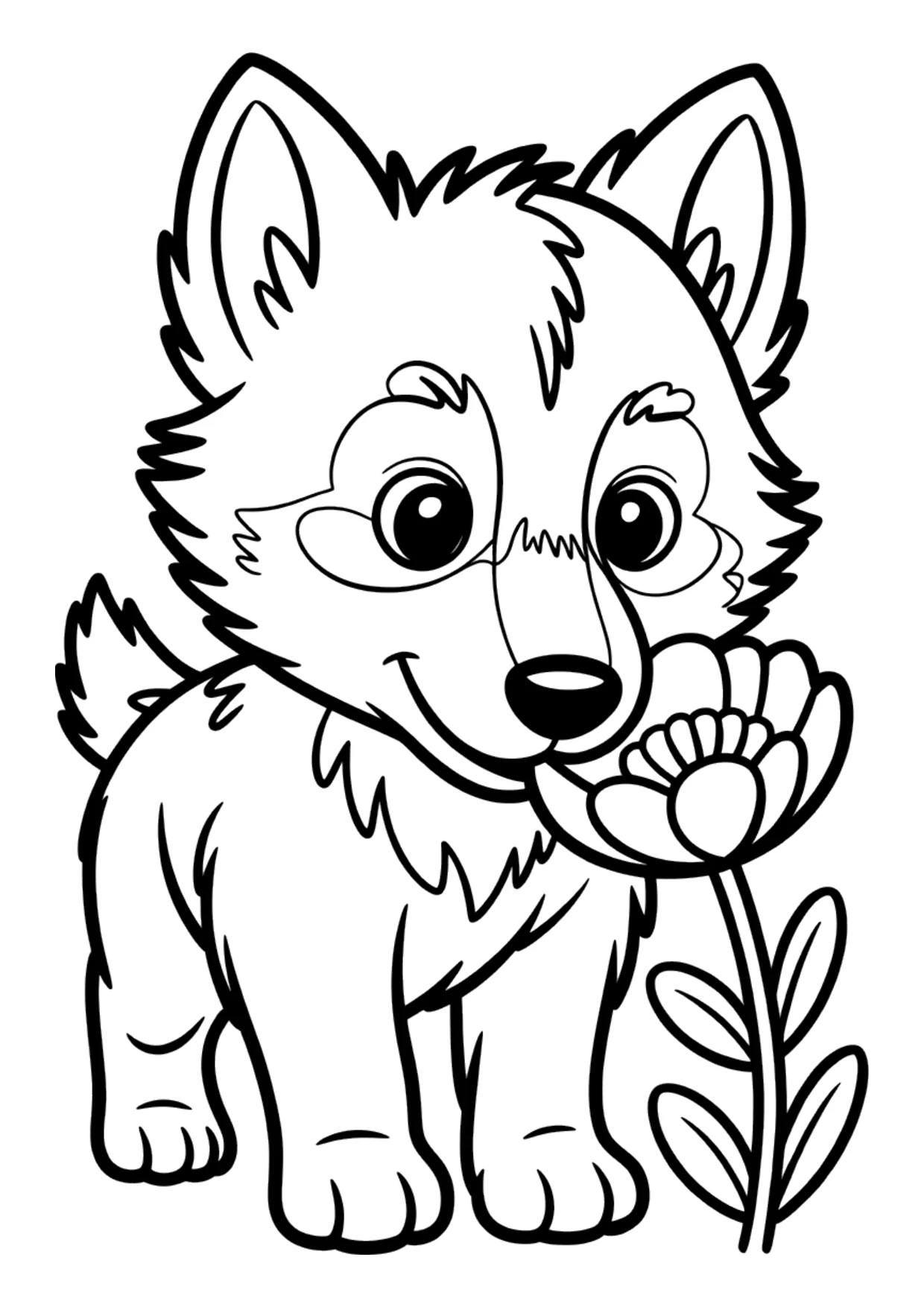 Desenho fácil de um filhote de lobo com uma flor para colorir