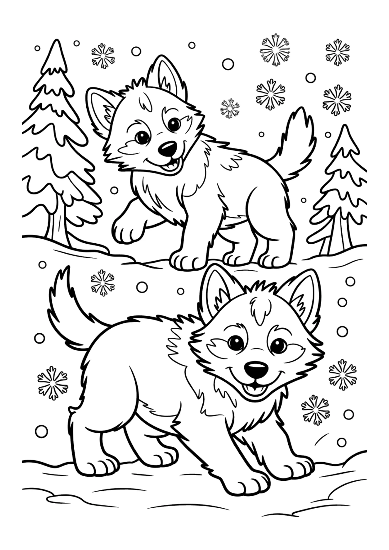 Desenho para crianças de filhotes de lobo brincando na neve para colorir