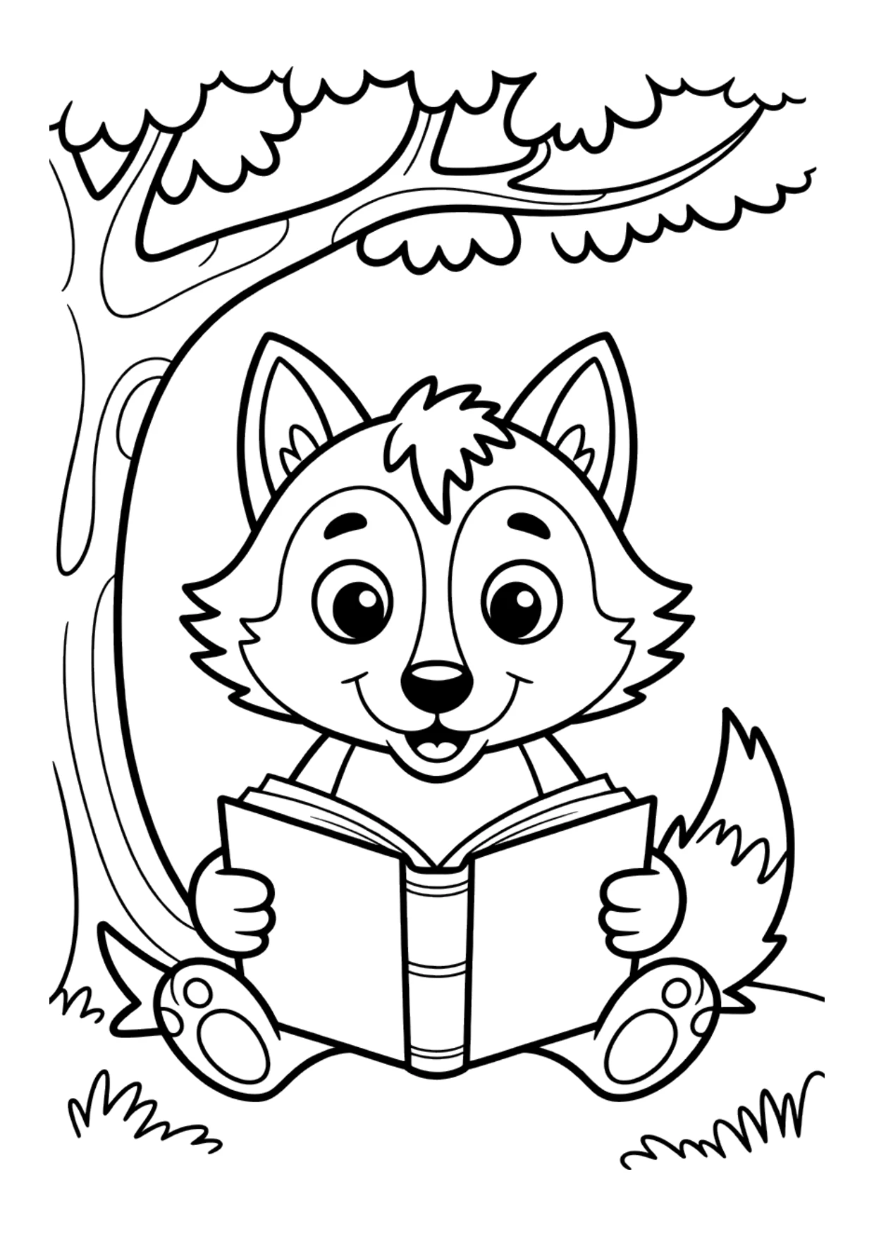 Desenho para crianças de um lobo lendo um livro para colorir