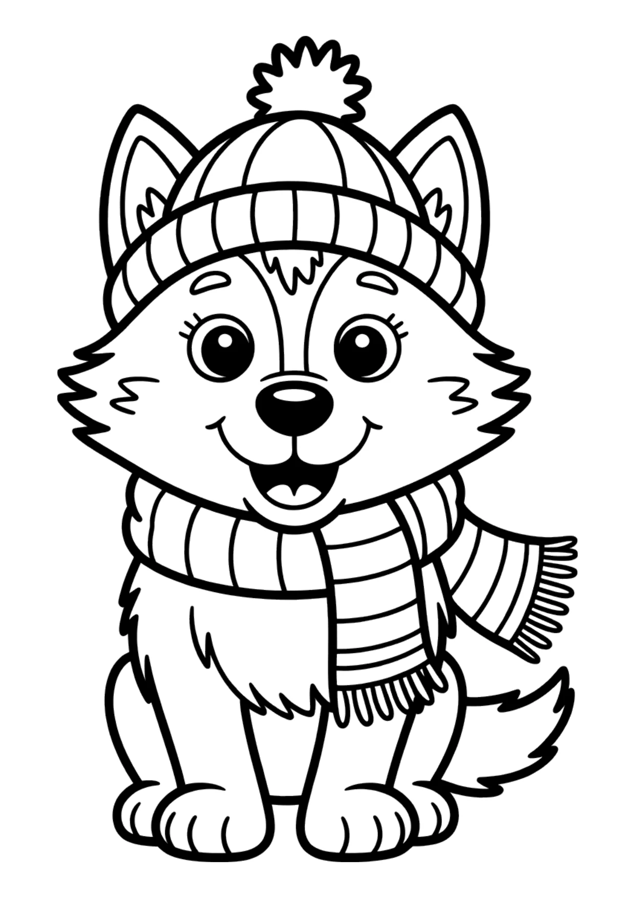 Desenho fácil de um lobo de cachecol e gorro para colorir