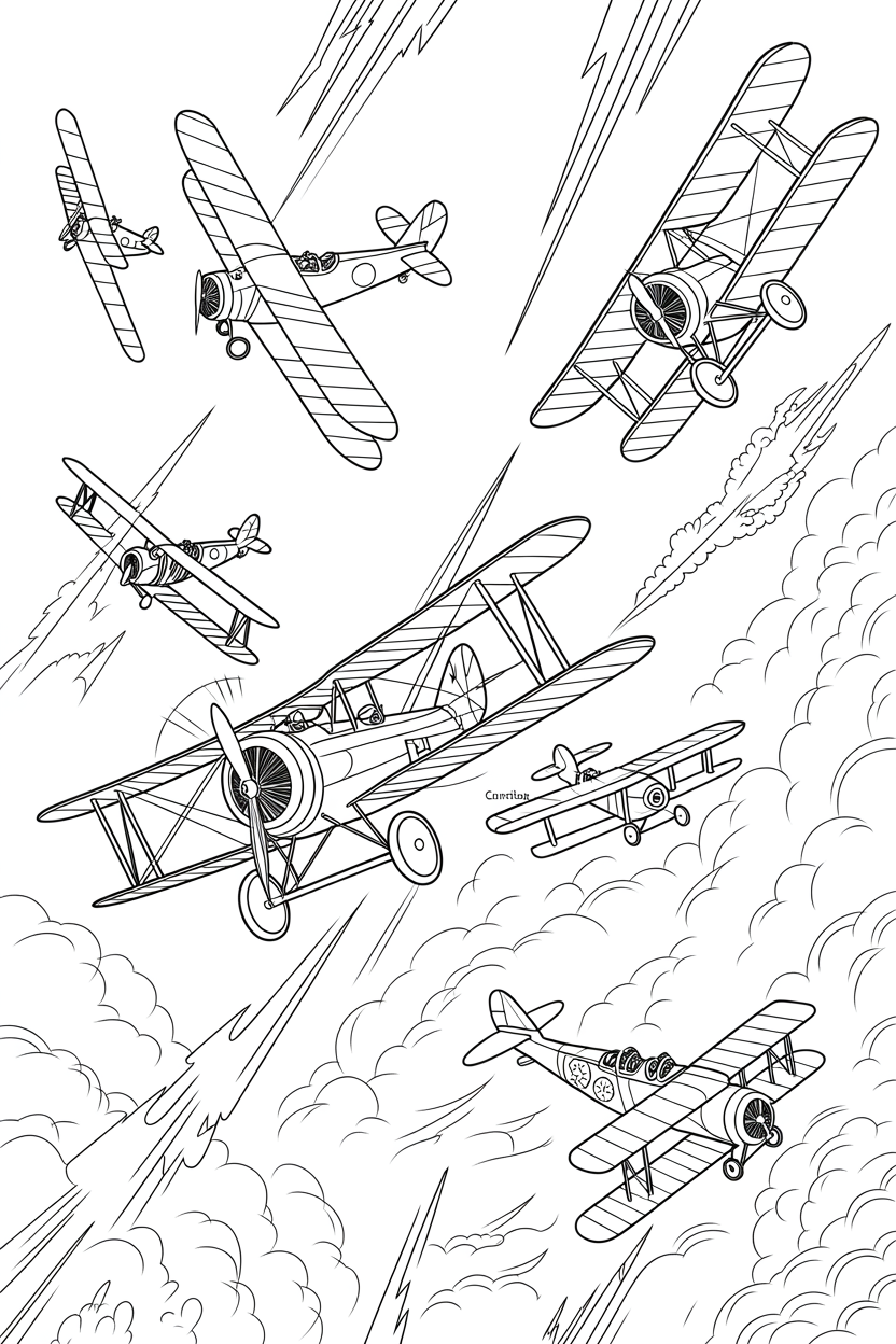 Historic biplane dogfight scene with cloud details