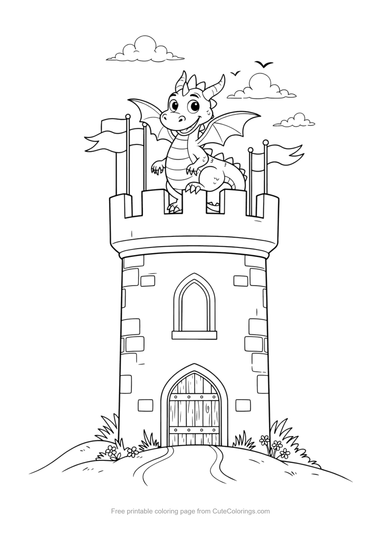 Coloring page of a young dragon perched on top of a castle tower with flags