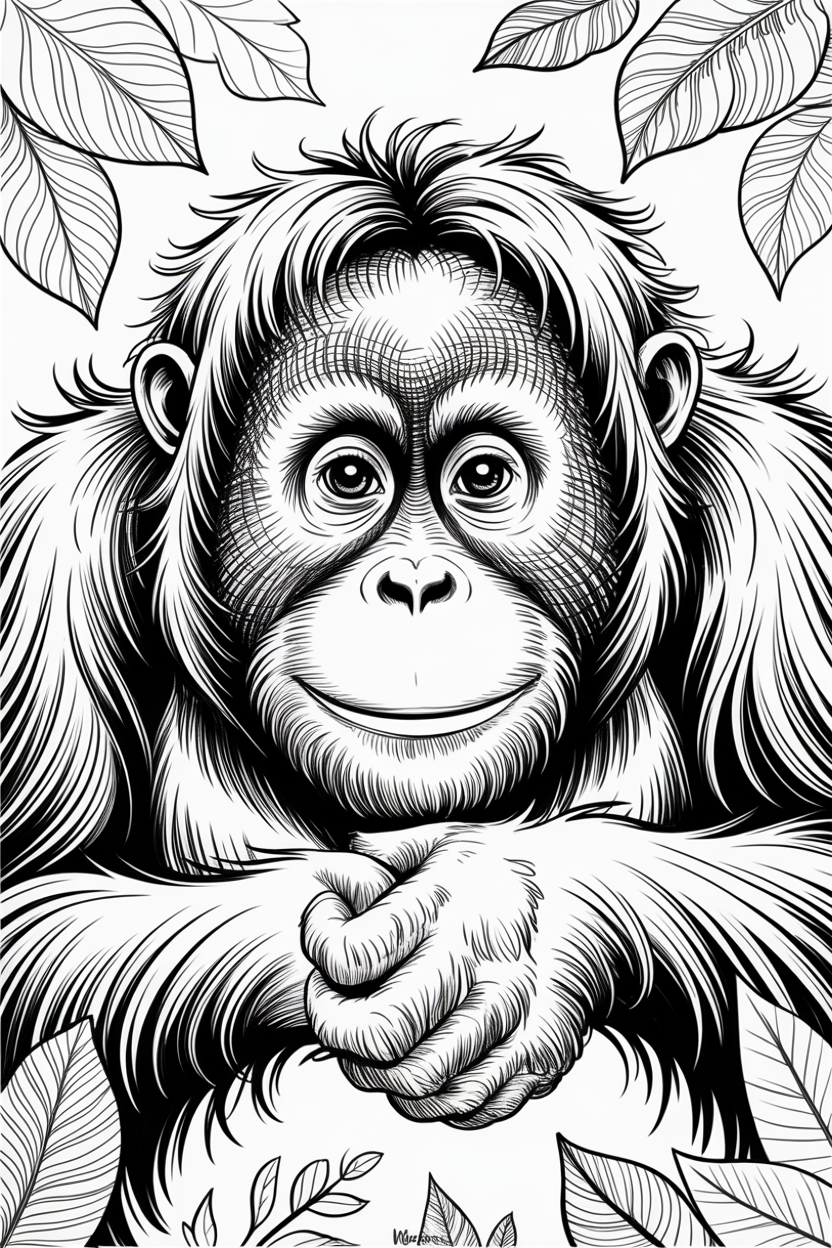 A smiling baby orangutan peers out through leafy fronds