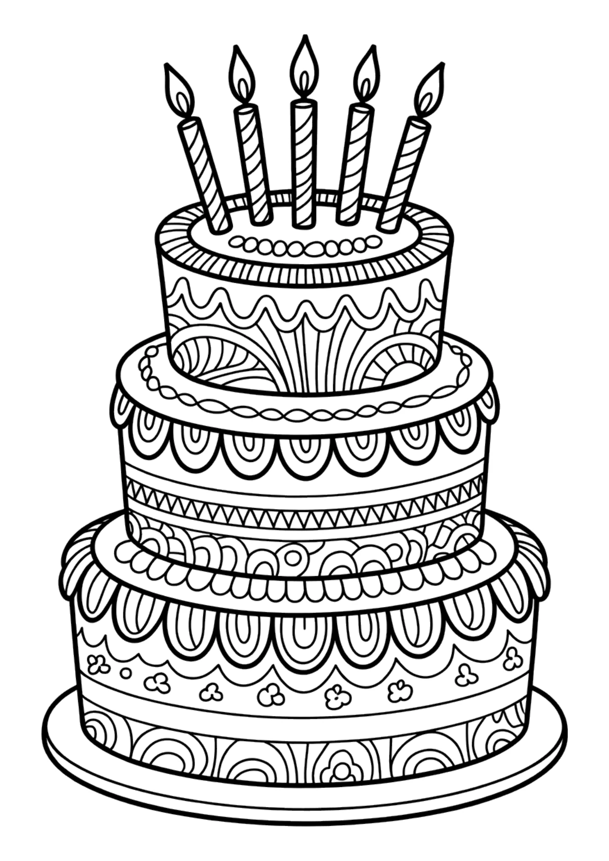 Detailed zentangle coloring page of a birthday cake