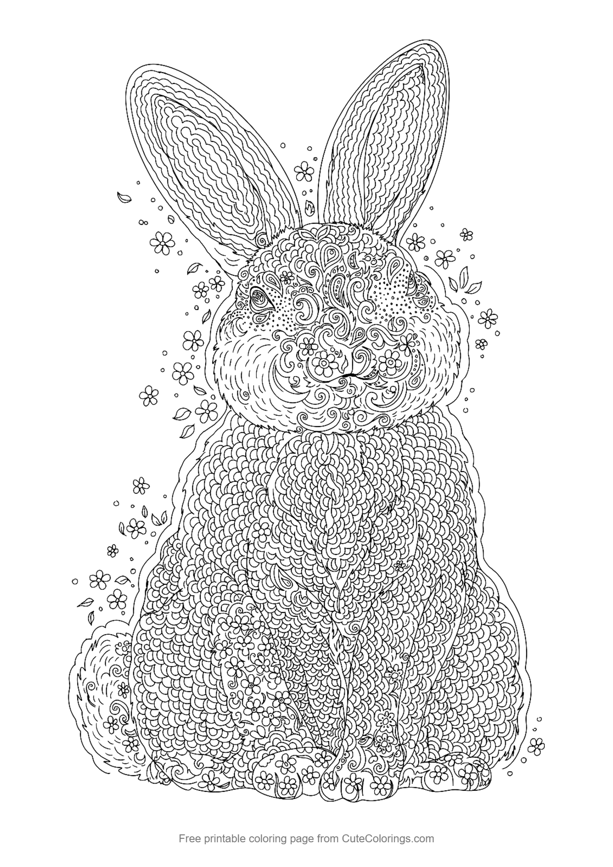 Zentangle bunny coloring page for adults filled with intricate swirls, scales and flower patterns