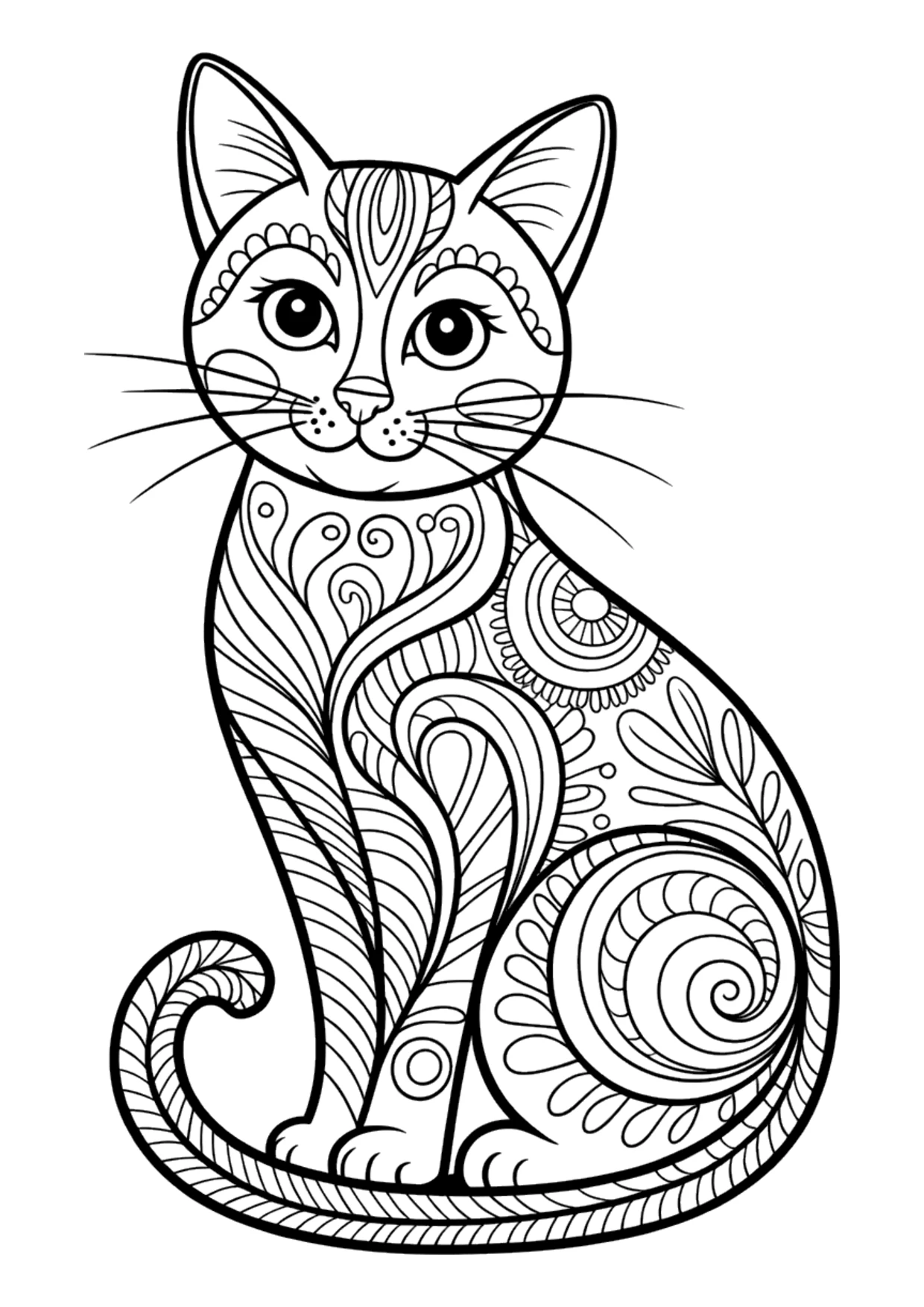 Coloriage détaillé d'un chat zentangle pour adultes
