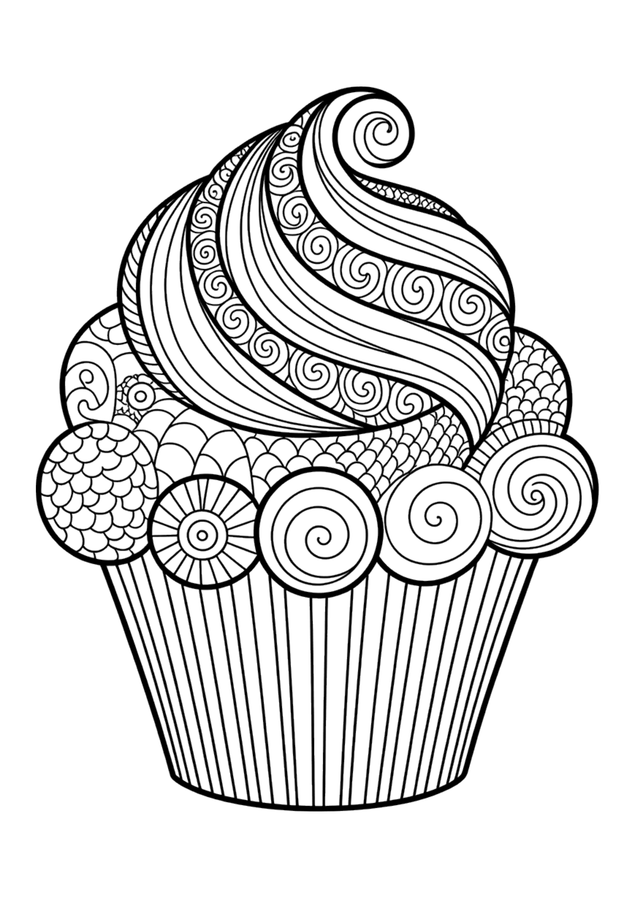 Zentangle cupcake coloring page for adults filled with swirls, dots and scale patterns