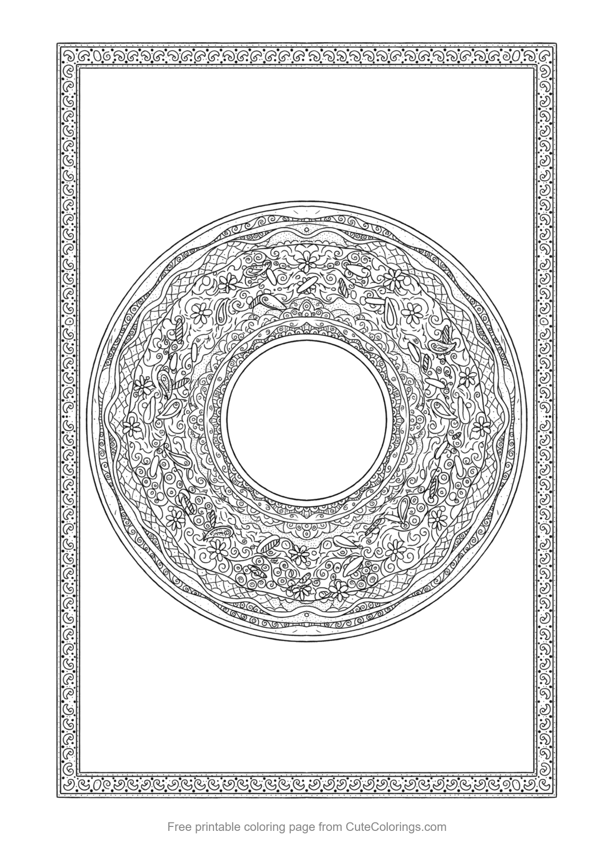 Zentangle donut coloring page with intricate patterns for adults