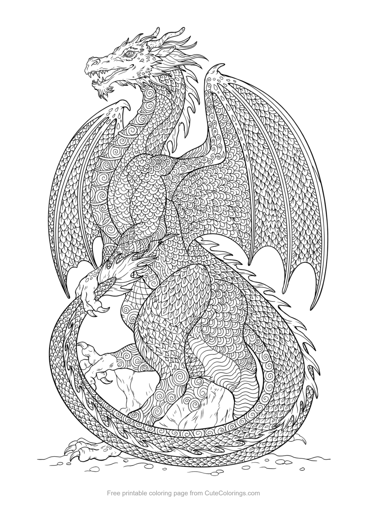 Zentangle dragon coloring page with doodle pattern sections for teens and adults