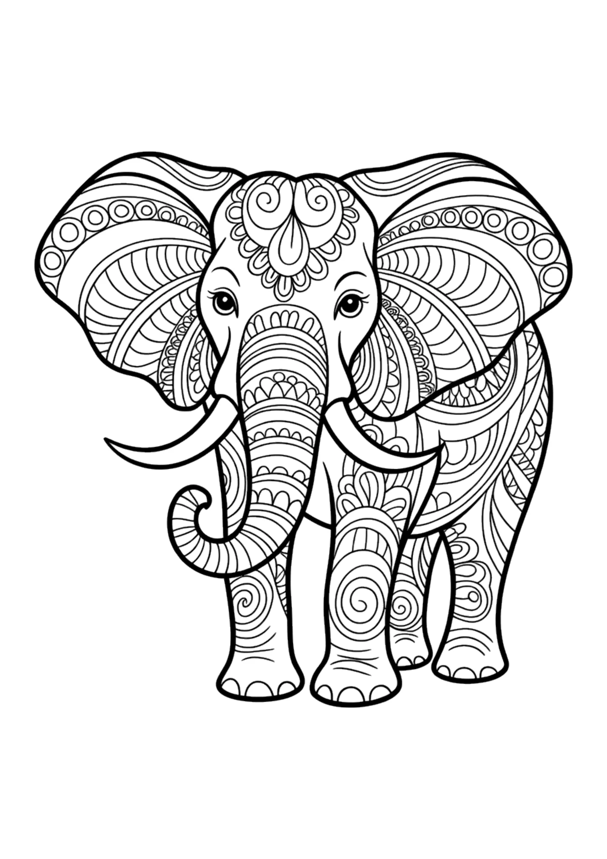 Dibujo detallado para colorear de un elefante zentangle para adultos