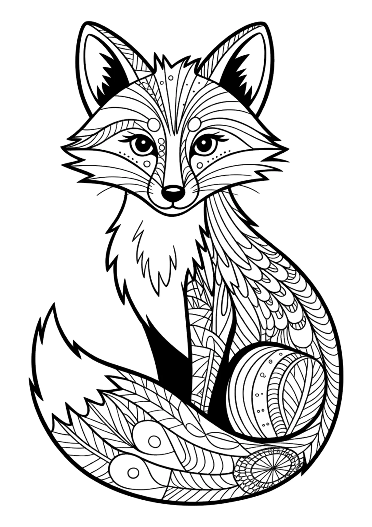 Desenho detalhado zentangle de uma raposa sentada para colorir