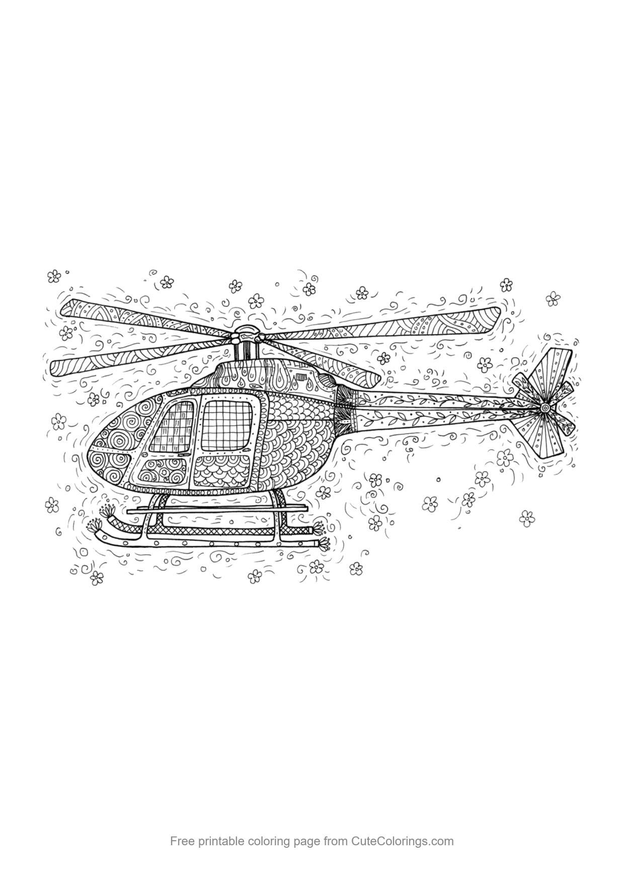 Zentangle helicopter coloring page with intricate patterns for adults