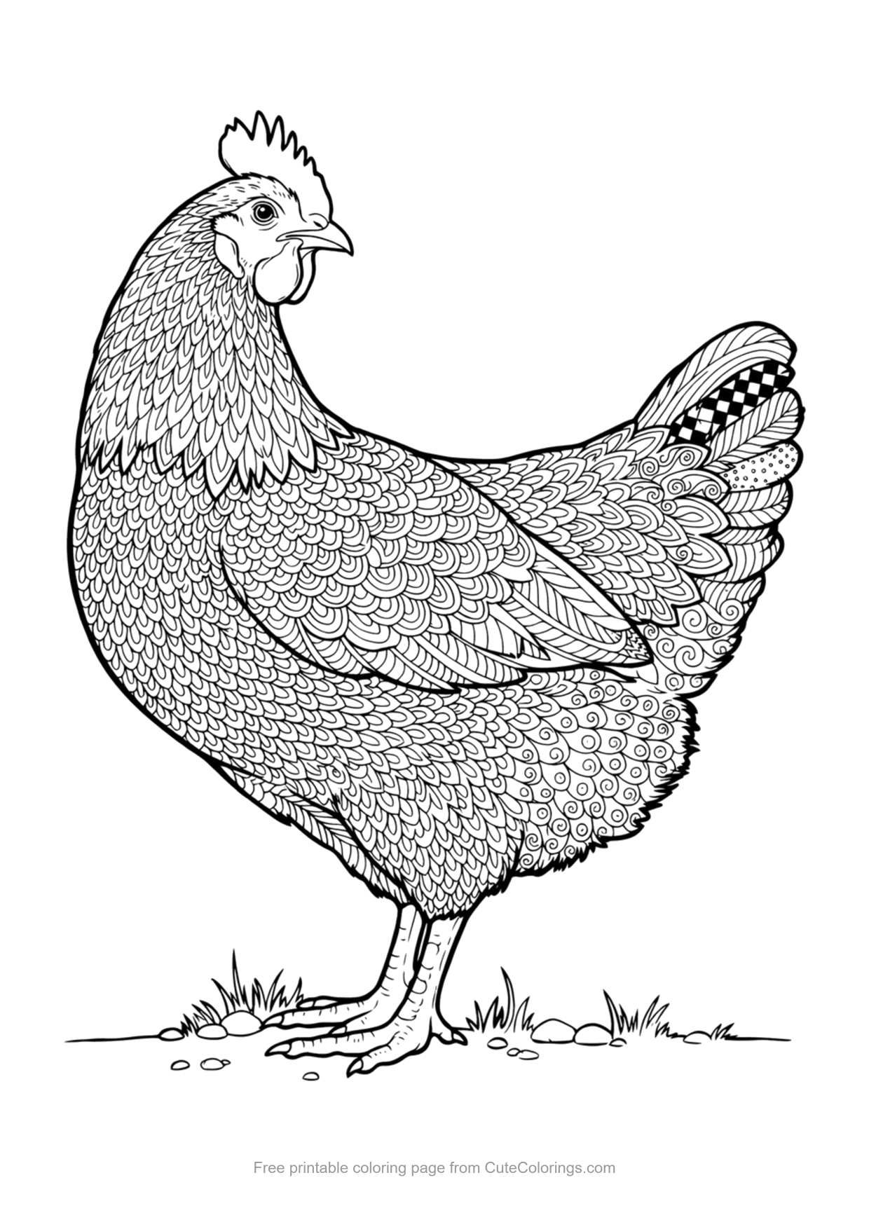 Zentangle hen coloring page with scales, waves and spiral patterns for adults