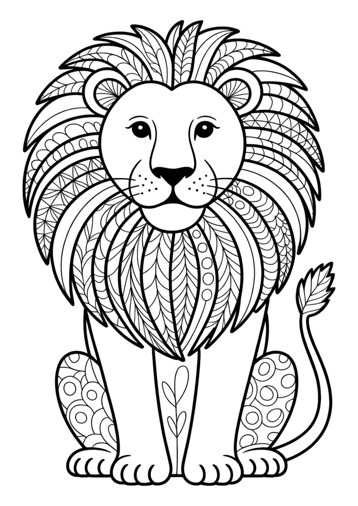 Detailreiches Zentangle-Ausmalbild eines sitzenden Löwen