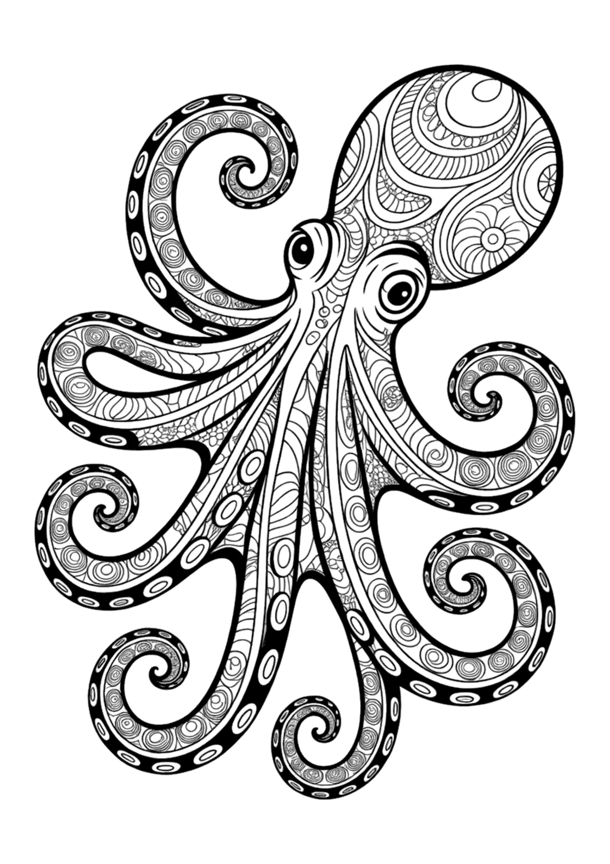 Detailed zentangle coloring page of an octopus