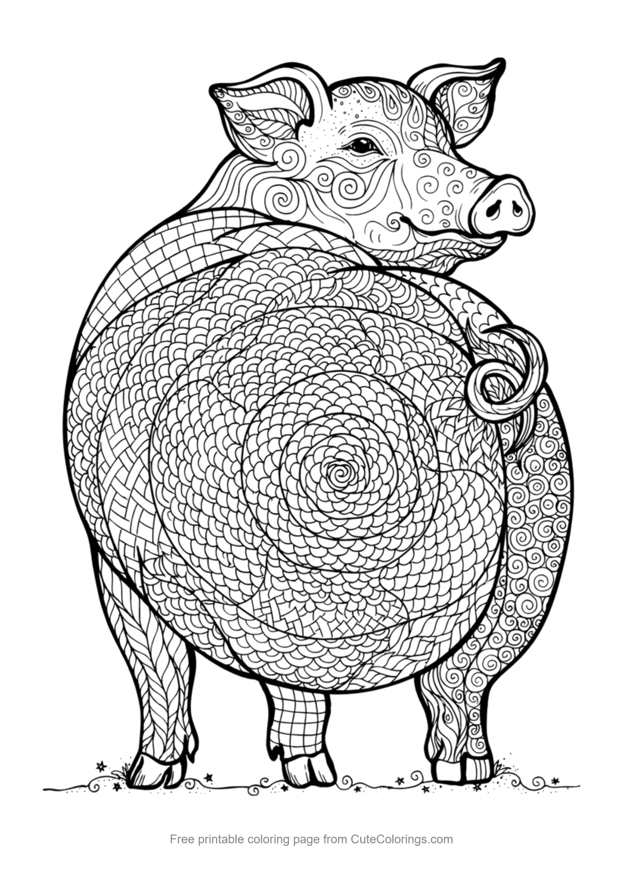 Zentangle pig coloring page with intricate patterns for adults